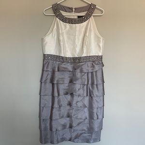 Jessica Howard, Cream/Silver Gray Dress, Ruffles, Sleeveless, Crystal Beading